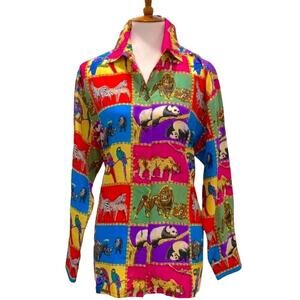 Vintage Womens Top Silk Medium Animal Lover Womens Button down 90s Shirt Medium